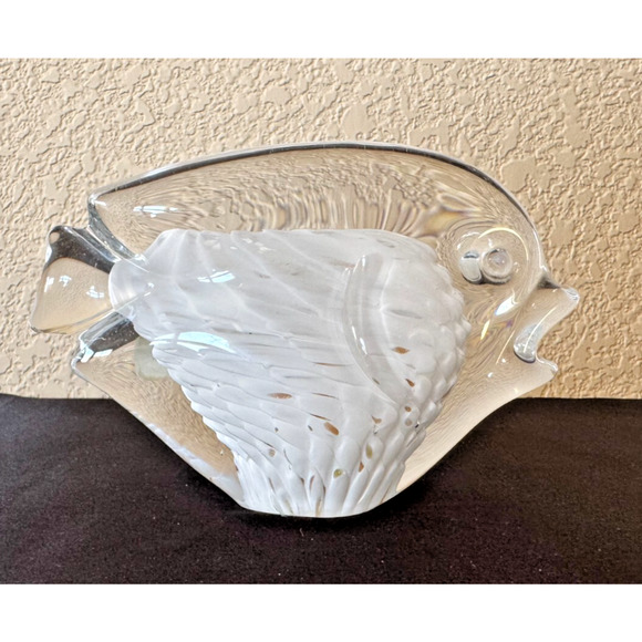 Marcolin Art Lead Crystal Fish Paperweight 6" Clear White Gold Fleck Made Italy - Picture 1 of 5